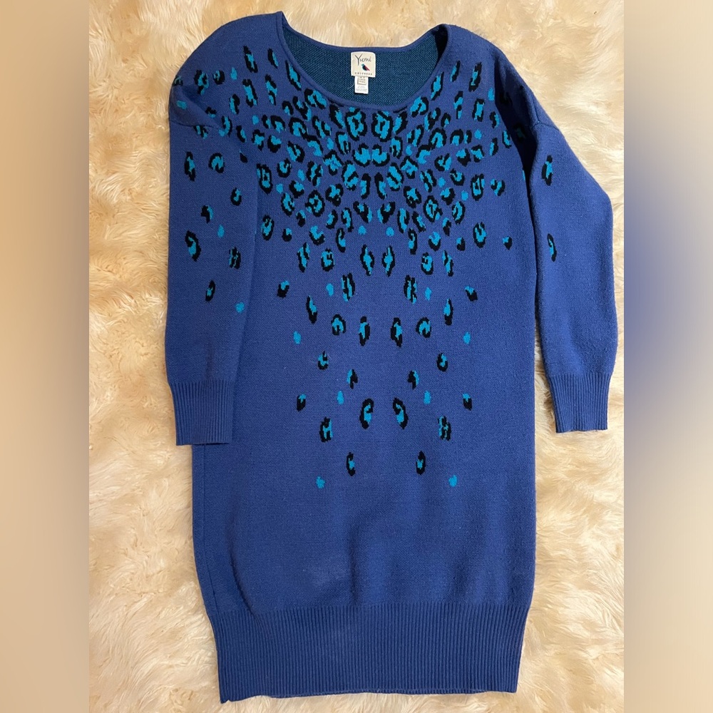 Yumi Blue and Teal Leopard Patterned Sweater Dress